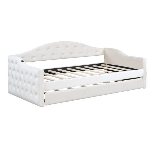 English Elm Twin Velvet Tufted Daybed with Pull Out Trundle and Built in Usb Charging Ports N733S422848A