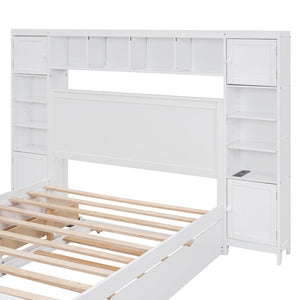 English Elm Full Platform Bed with Storage Headboard Built-in Outlets Shelving and Twin Trundle White LP000642AAK