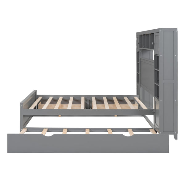 English Elm Full Platform Bed with Storage Headboard Built-in Outlets Shelving and Twin Trundle Gray LP000642AAE