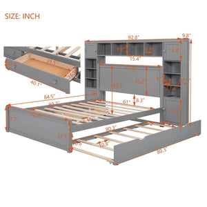 English Elm Queen Platform Bed with Headboard Storage Shelves Built-in Outlets and Trundle Drawer Gray LP000842AAE