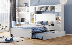 English Elm Full Platform Bed with Storage Headboard Built-in Outlets Shelving and Twin Trundle White LP000642AAK