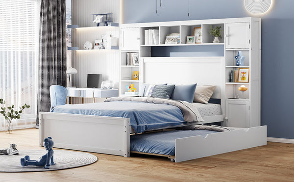 English Elm Full Platform Bed with Storage Headboard Built-in Outlets Shelving and Twin Trundle White LP000642AAK