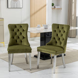 English Elm Nikki Collection Modern, High-End Tufted Solid Wood Contemporary Velvet Upholstered Dining Chair With Chrome Stainless Steel Plating Legs,Nailhead Trim,Set Of 2,Olive-Green and Chrome, Sw1701Ol