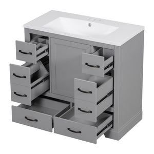 English Elm 36" Modern Bathroom Vanity with Ceramic Sink, Six Drawers, Adjustable Shelf, Solid Wood Build Grey SY999808AAE-6