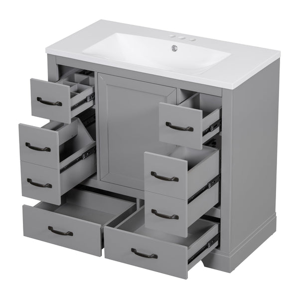 English Elm 36" Modern Bathroom Vanity with Ceramic Sink, Six Drawers, Adjustable Shelf, Solid Wood Build Grey SY999808AAE-6