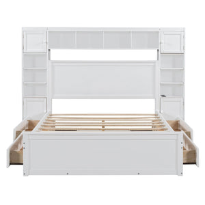 English Elm Queen Storage Bed with Shelving Cabinets Built-in Outlets and Four Under Drawers LP000742AAK-1