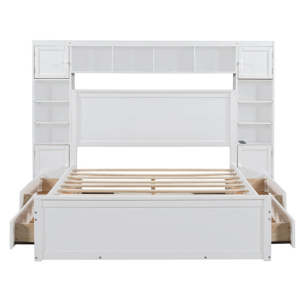 English Elm Queen Storage Bed with Shelving Cabinets Built-in Outlets and Four Under Drawers LP000742AAK-1