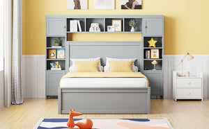 English Elm Full Platform Bed with Storage Headboard Built-in Outlets Shelving and Twin Trundle Gray LP000642AAE