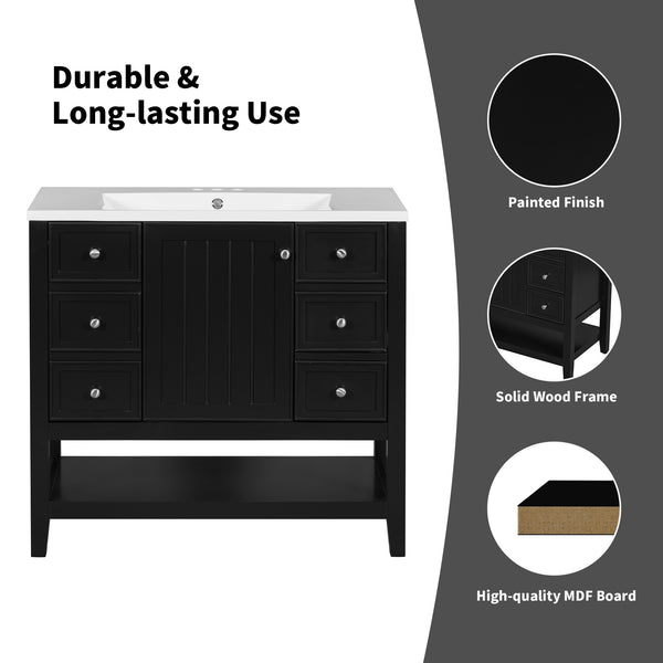 English Elm 36" Bathroom Vanity With Ceramic Sink, Solid Wood Frame, Modern Black Finish & Ample Storage Solutions N725P246500B