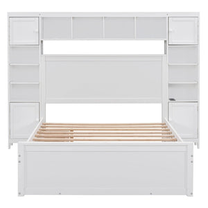 English Elm Full Platform Bed with Storage Headboard Built-in Outlets Shelving and Twin Trundle White LP000642AAK