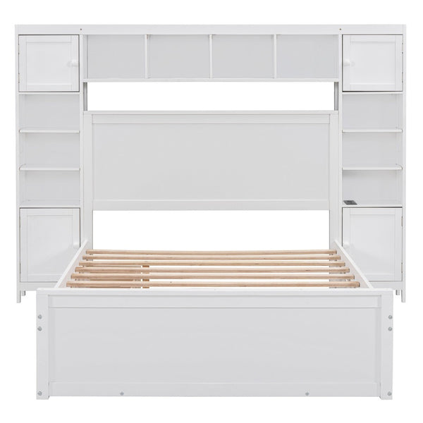 English Elm Full Platform Bed with Storage Headboard Built-in Outlets Shelving and Twin Trundle White LP000642AAK