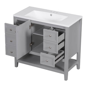 English Elm 36" Stylish Bathroom Vanity With Ceramic Sink, Solid Wood, 1 Cabinet & 3 Drawers, Grey Finish N725P246500E