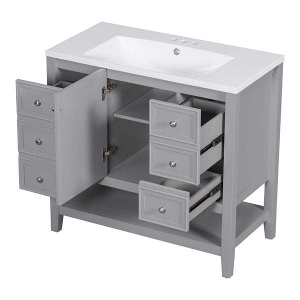 English Elm 36" Stylish Bathroom Vanity With Ceramic Sink, Solid Wood, 1 Cabinet & 3 Drawers, Grey Finish N725P246500E