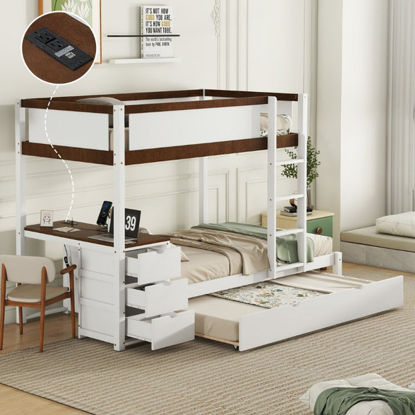 English Elm Twin-over-twin Bunk Bed with Trundle Built-in Desk Storage Drawers and Power Outlets White+Walnut LT000363AAD