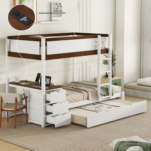 English Elm Twin-over-twin Bunk Bed with Trundle Built-in Desk Storage Drawers and Power Outlets White+Walnut LT000363AAD-1
