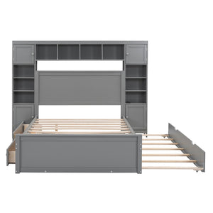 English Elm Full Platform Bed with Storage Headboard Built-in Outlets Shelving and Twin Trundle Gray LP000642AAE