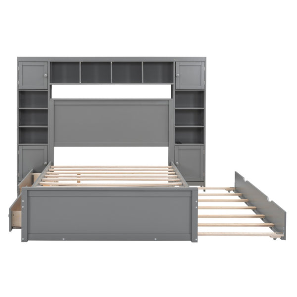 English Elm Full Platform Bed with Storage Headboard Built-in Outlets Shelving and Twin Trundle Gray LP000642AAE