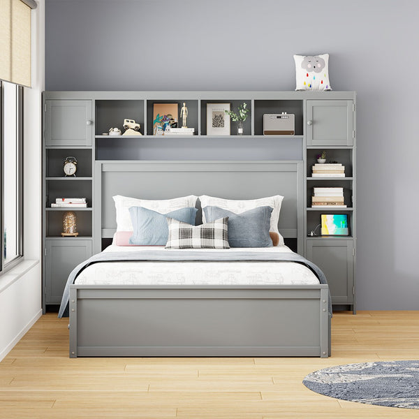 English Elm Queen Platform Bed with Headboard Storage Shelves Built-in Outlets and Trundle Drawer Gray LP000842AAE