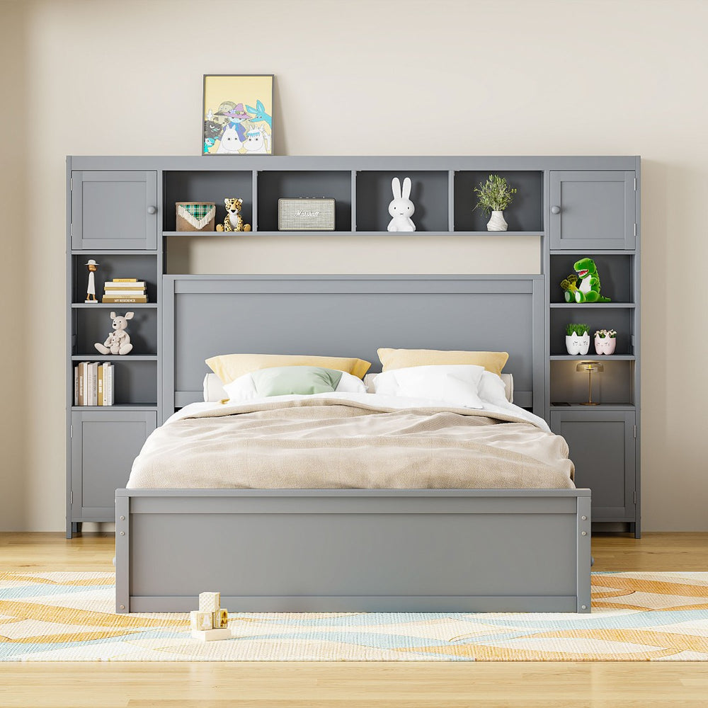 English Elm Queen Storage Bed with Shelving Cabinets Built-in Outlets and Four Under Drawers Gray LP000742AAE