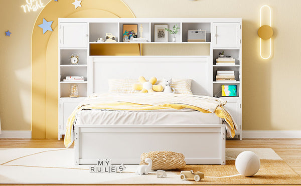English Elm Queen Platform Bed with Headboard Storage Shelves Built-in Outlets and Trundle Drawer White LP000842AAK