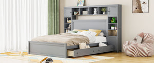 English Elm Queen Storage Bed with Shelving Cabinets Built-in Outlets and Four Under Drawers Gray LP000742AAE