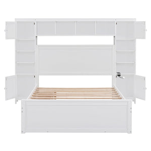 English Elm Full Platform Bed with Storage Headboard Built-in Outlets Shelving and Twin Trundle White LP000642AAK