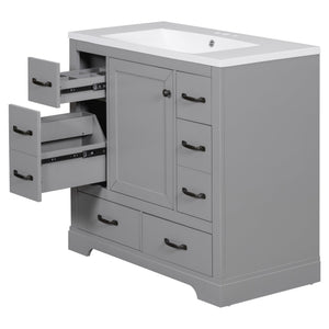 English Elm 36" Modern Bathroom Vanity with Ceramic Sink, Six Drawers, Adjustable Shelf, Solid Wood Build Grey SY999808AAE-6