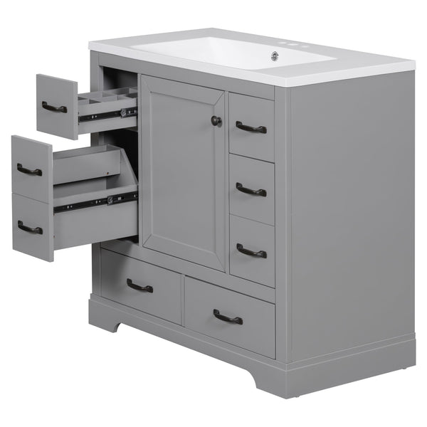 English Elm 36" Modern Bathroom Vanity with Ceramic Sink, Six Drawers, Adjustable Shelf, Solid Wood Build Grey SY999808AAE-6