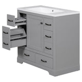 English Elm 36" Bathroom Vanity With Sink Combo, Six Drawers, Multi-Functional Drawer Divider, Adjustable Shelf, Grey