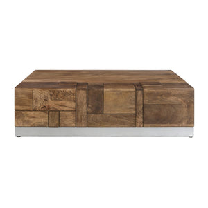 English Elm Luxvil Solid Mango Wood Square Coffee Table Geometric Carved Top Metal Base Living Room B024P156852