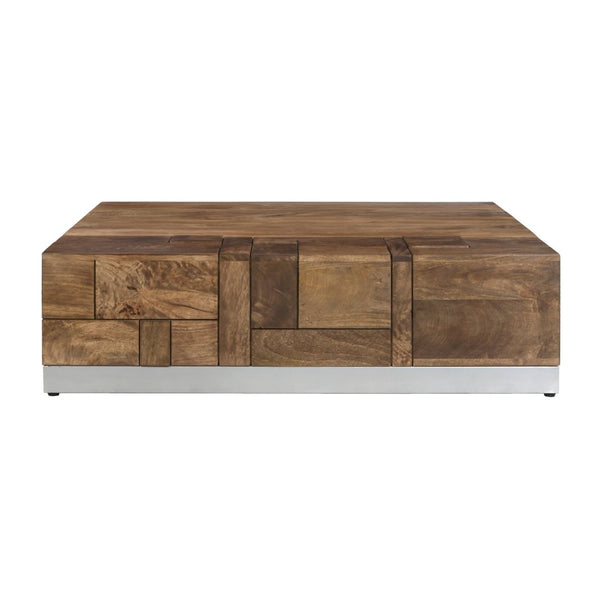English Elm Luxvil Solid Mango Wood Square Coffee Table Geometric Carved Top Metal Base Living Room B024P156852