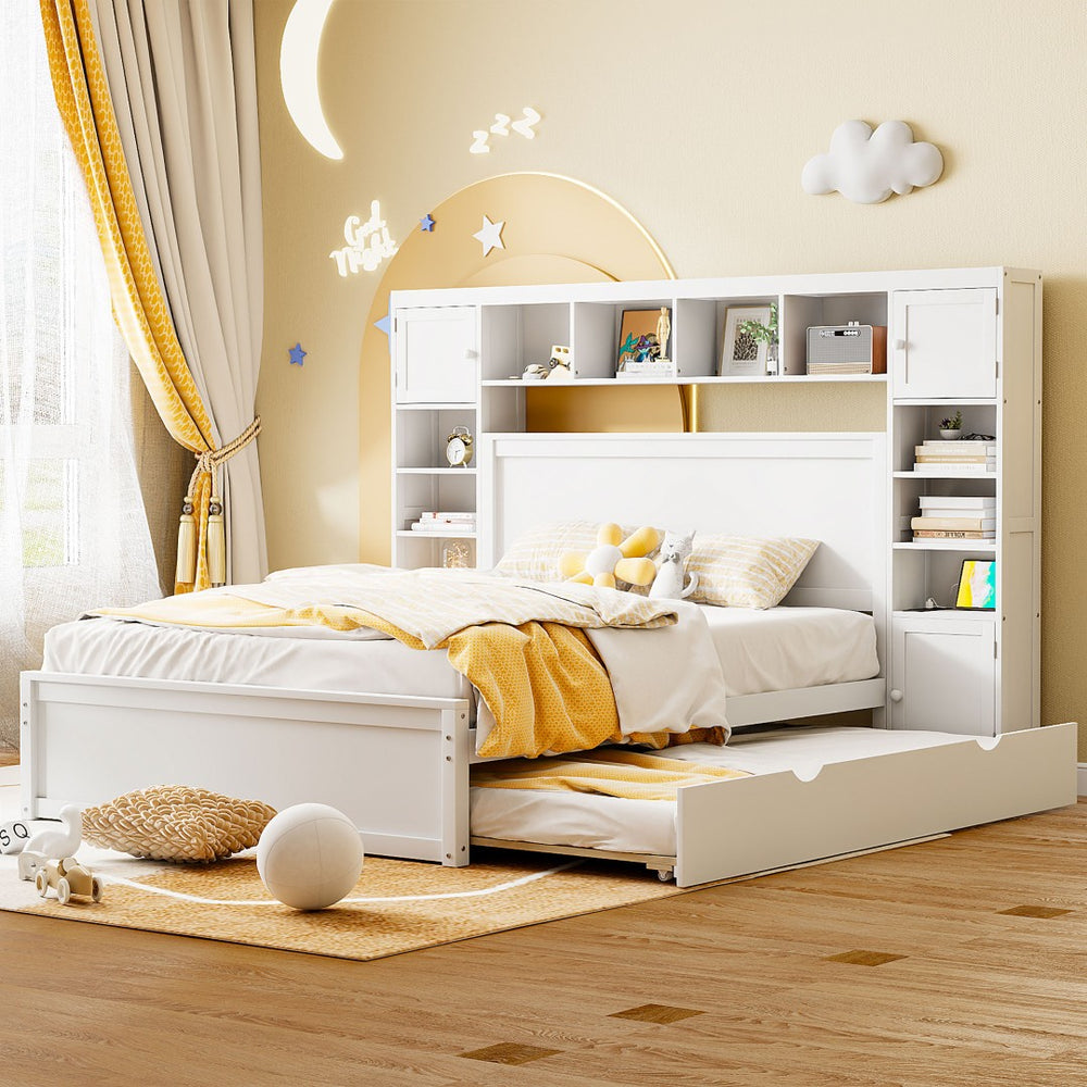 English Elm Queen Platform Bed with Headboard Storage Shelves Built-in Outlets and Trundle Drawer White LP000842AAK