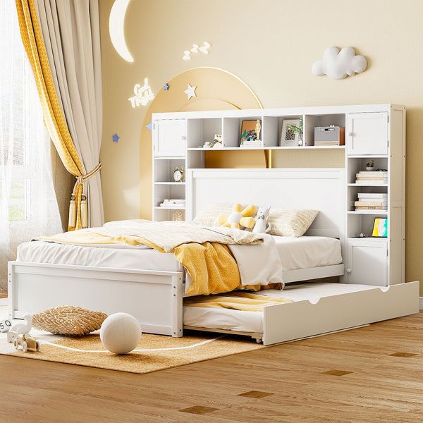 English Elm Queen Platform Bed with Headboard Storage Shelves Built-in Outlets and Trundle Drawer White LP000842AAK