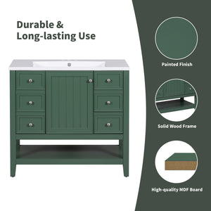 English Elm 36" Bathroom Vanity With Ceramic Sink, Solid Wood, 3 Drawers & Adjustable Shelf In Elegant Green Finish N725P246500G