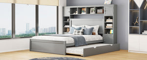 English Elm Queen Platform Bed with Headboard Storage Shelves Built-in Outlets and Trundle Drawer Gray LP000842AAE