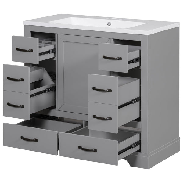 English Elm 36" Modern Bathroom Vanity with Ceramic Sink, Six Drawers, Adjustable Shelf, Solid Wood Build Grey SY999808AAE-6