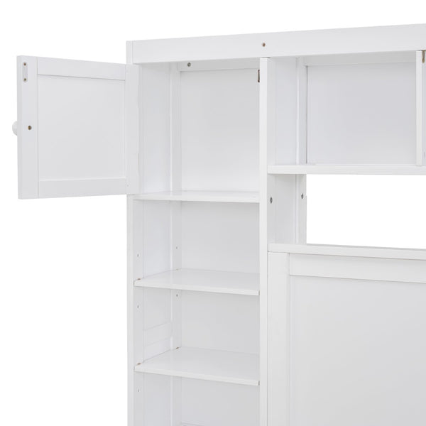English Elm Full Platform Bed with Storage Headboard Built-in Outlets Shelving and Twin Trundle White LP000642AAK