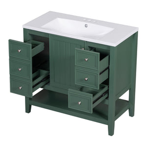 English Elm 36" Bathroom Vanity With Ceramic Sink, Solid Wood, 3 Drawers & Adjustable Shelf In Elegant Green Finish N725P246500G