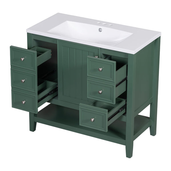 English Elm 36" Bathroom Vanity With Ceramic Sink, Solid Wood, 3 Drawers & Adjustable Shelf In Elegant Green Finish N725P246500G