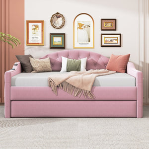 English Elm Twin Velvet Tufted Daybed with Pull Out Trundle and Built in Usb Charging Ports N733S422848H