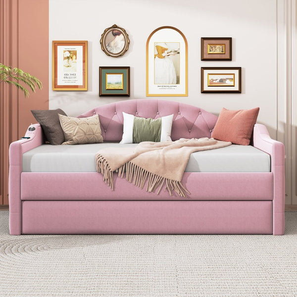 English Elm Twin Velvet Tufted Daybed with Pull Out Trundle and Built in Usb Charging Ports N733S422848H