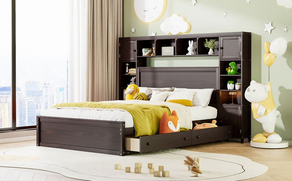 English Elm Queen Storage Bed with Shelving Cabinets Built-in Outlets and Four Under Drawers Espresso LP000742AAP