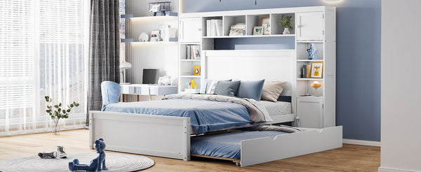 English Elm Full Platform Bed with Storage Headboard Built-in Outlets Shelving and Twin Trundle White LP000642AAK