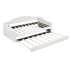 English Elm Twin Velvet Tufted Daybed with Pull Out Trundle and Built in Usb Charging Ports N733S422848A