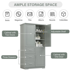 English Elm Tall Narrow Storage Cabinet with Doors and 3 Drawers – Adjustable Shelves, Anti-Tip, 45lb Capacity Grey WF299285AAG