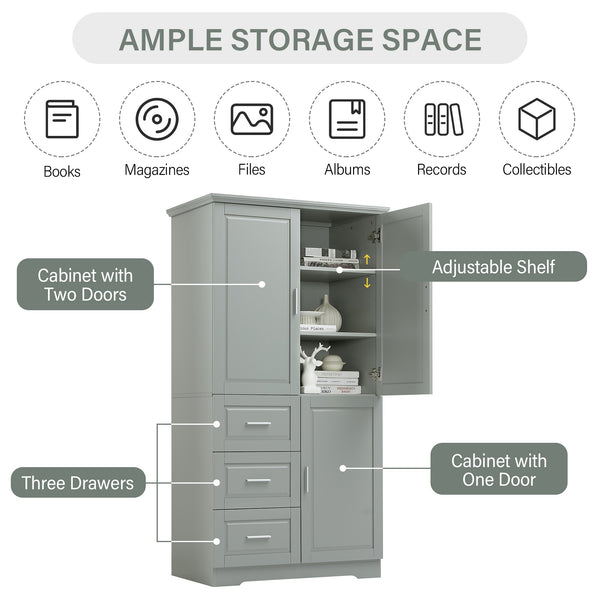 English Elm Tall Narrow Storage Cabinet with Doors and 3 Drawers – Adjustable Shelves, Anti-Tip, 45lb Capacity Grey WF299285AAG