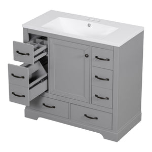 English Elm 36" Modern Bathroom Vanity with Ceramic Sink, Six Drawers, Adjustable Shelf, Solid Wood Build Grey SY999808AAE-6