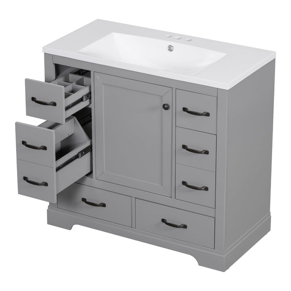 English Elm 36" Modern Bathroom Vanity with Ceramic Sink, Six Drawers, Adjustable Shelf, Solid Wood Build Grey SY999808AAE-6