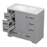 English Elm 36" Bathroom Vanity With Sink Combo, Six Drawers, Multi-Functional Drawer Divider, Adjustable Shelf, Grey