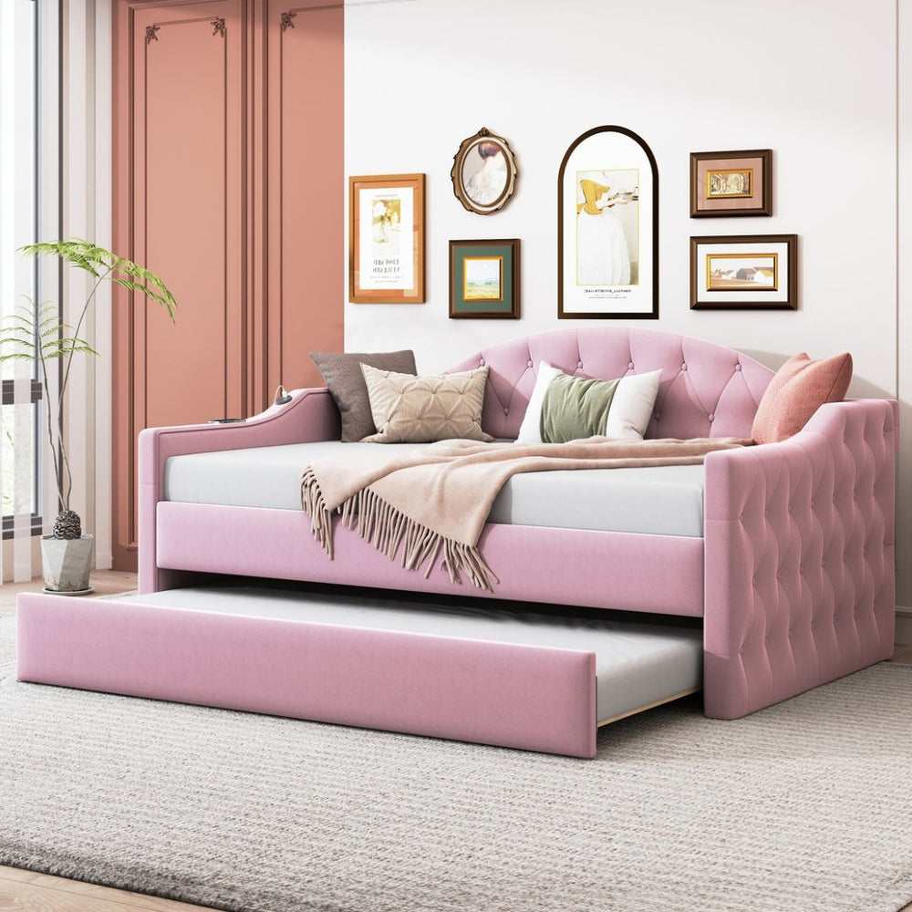 English Elm Twin Velvet Tufted Daybed with Pull Out Trundle and Built in Usb Charging Ports N733S422848H